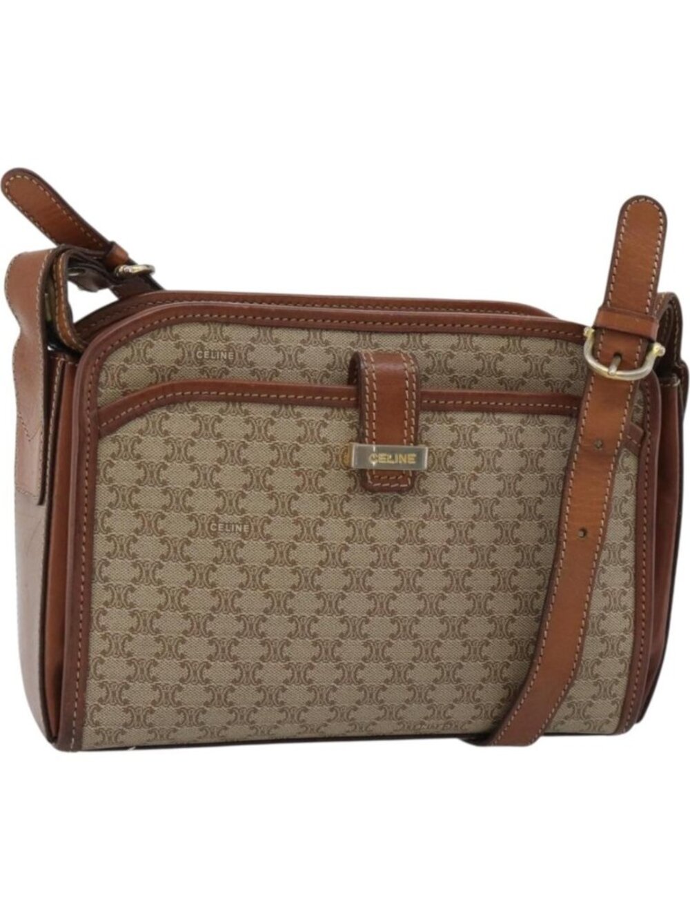 CELINE Macadam Canvas Shoulder Bag PVC Beige Gold
